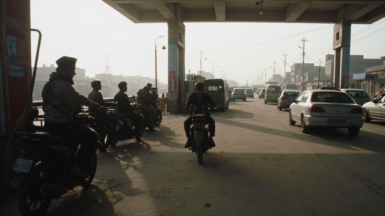 Pakistani petrol station with long queue of motorbikes, attendant dispensing fuel