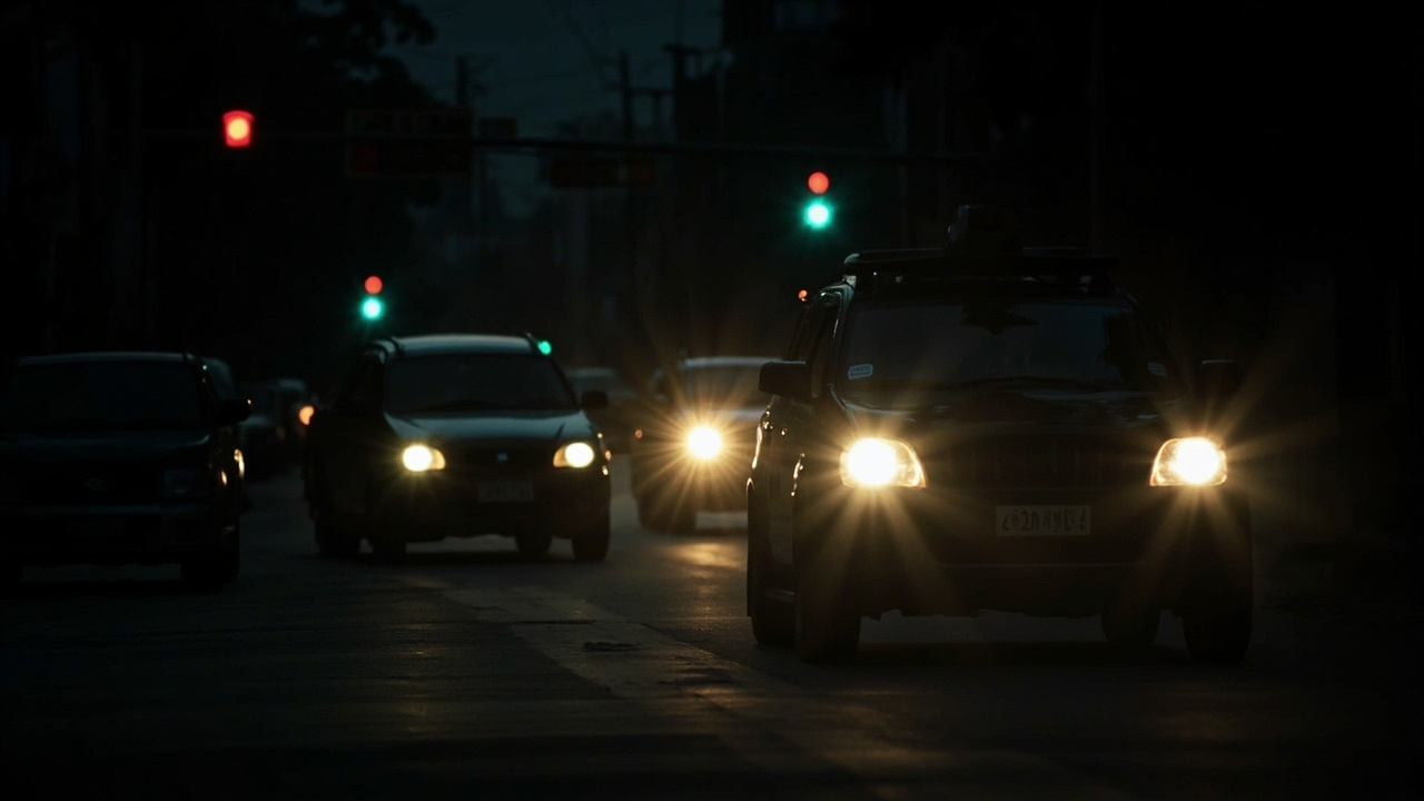 Manila neighborhood during power outage, traffic signal dark