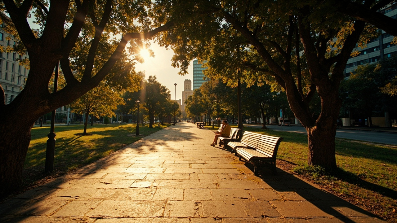 Urban park in heat wave, empty exercise paths, heat shimmer visible