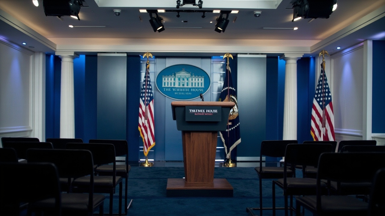 White House press briefing room, empty podium, reporters' chairs