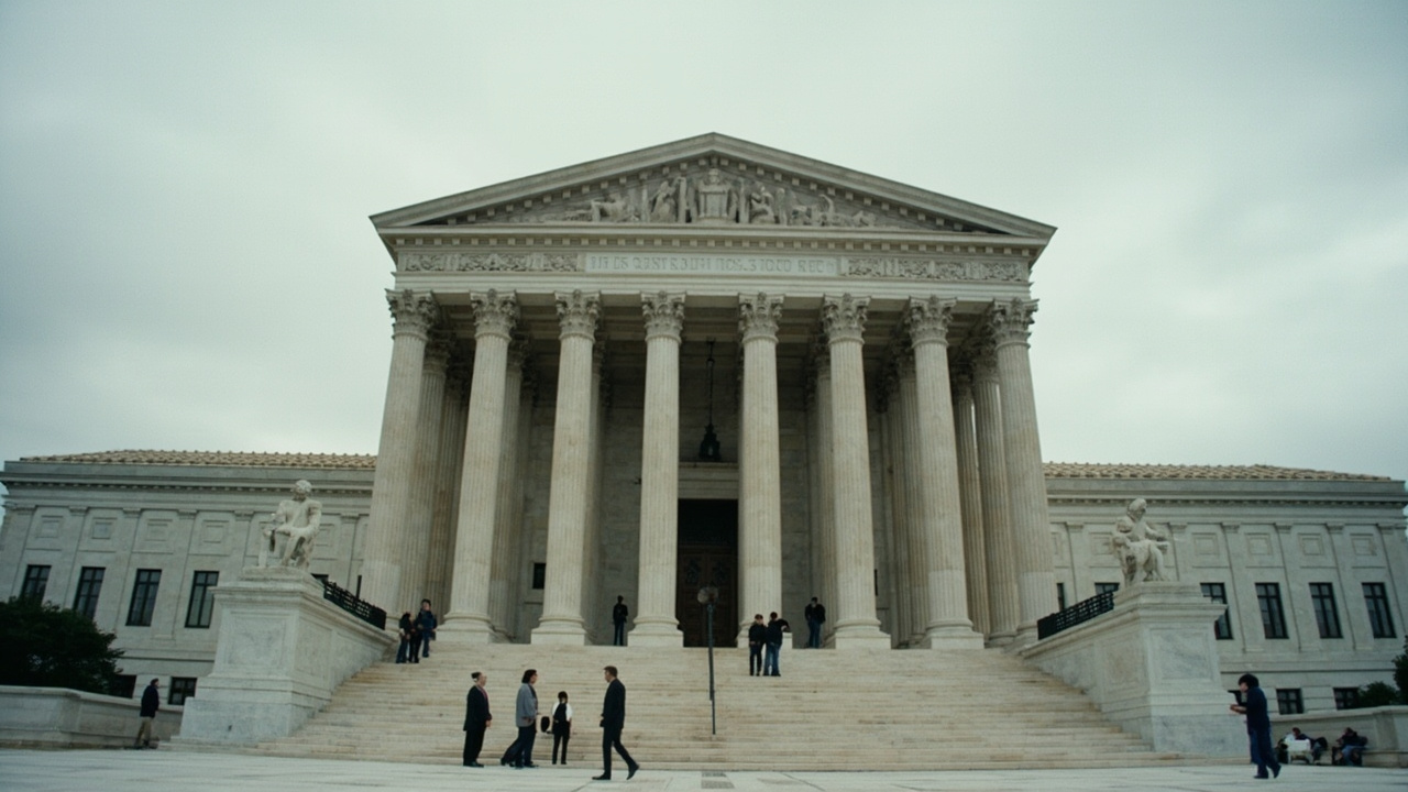 Supreme Court building facade, protesters with signs visible on steps