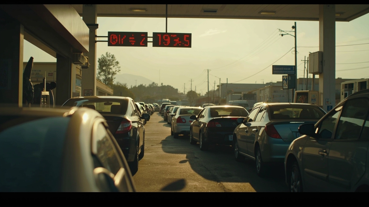 South African petrol station with new price boards showing R22.53, queue of cars