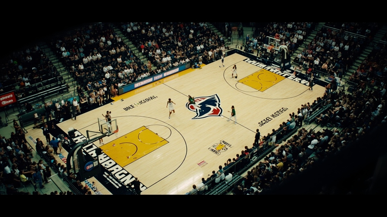 Basketball court with two team logos at center, packed arena