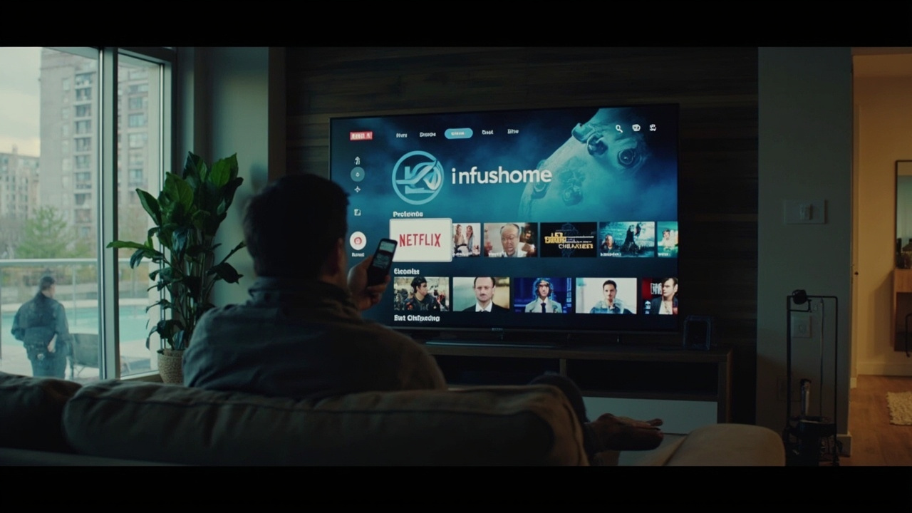 Living room with smart TV showing streaming service interface, multiple app icons