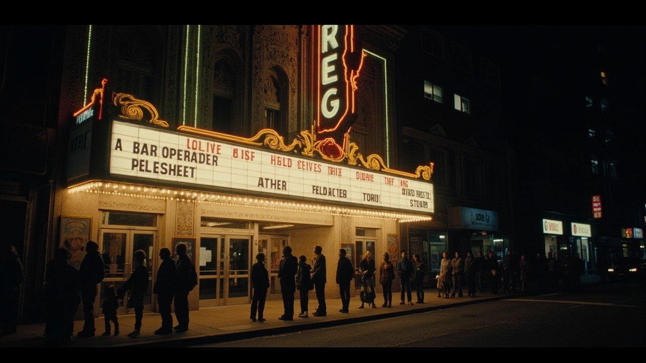 Movie theater marquee showing Super Mario Galaxy Movie title, long queue of families outside