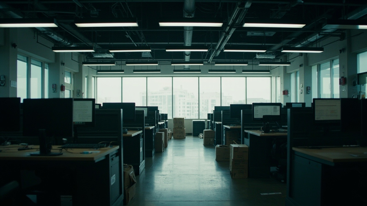 Empty open-plan tech office, abandoned desks with monitors off, cardboard boxes
