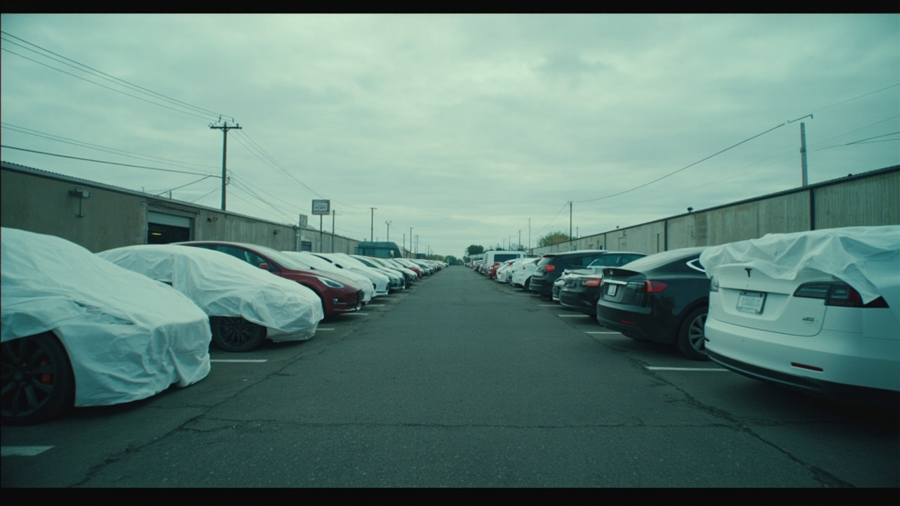 Tesla vehicles parked in delivery lot, some covered, empty spaces visible