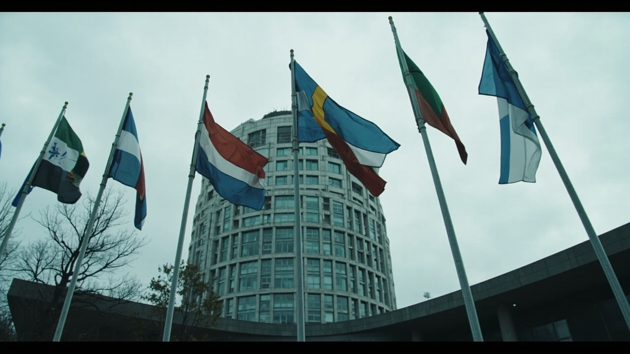 NATO headquarters in Brussels, flags at half-staff, empty meeting room visible through glass