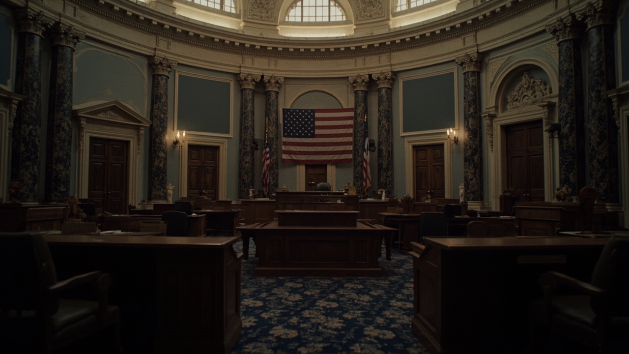 Empty US Senate chamber, vacant seats, American flag
