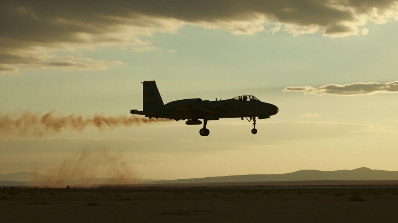 A-10 Thunderbolt II silhouette flying low over desert terrain with visible battle damage and smoke trailing from one engine