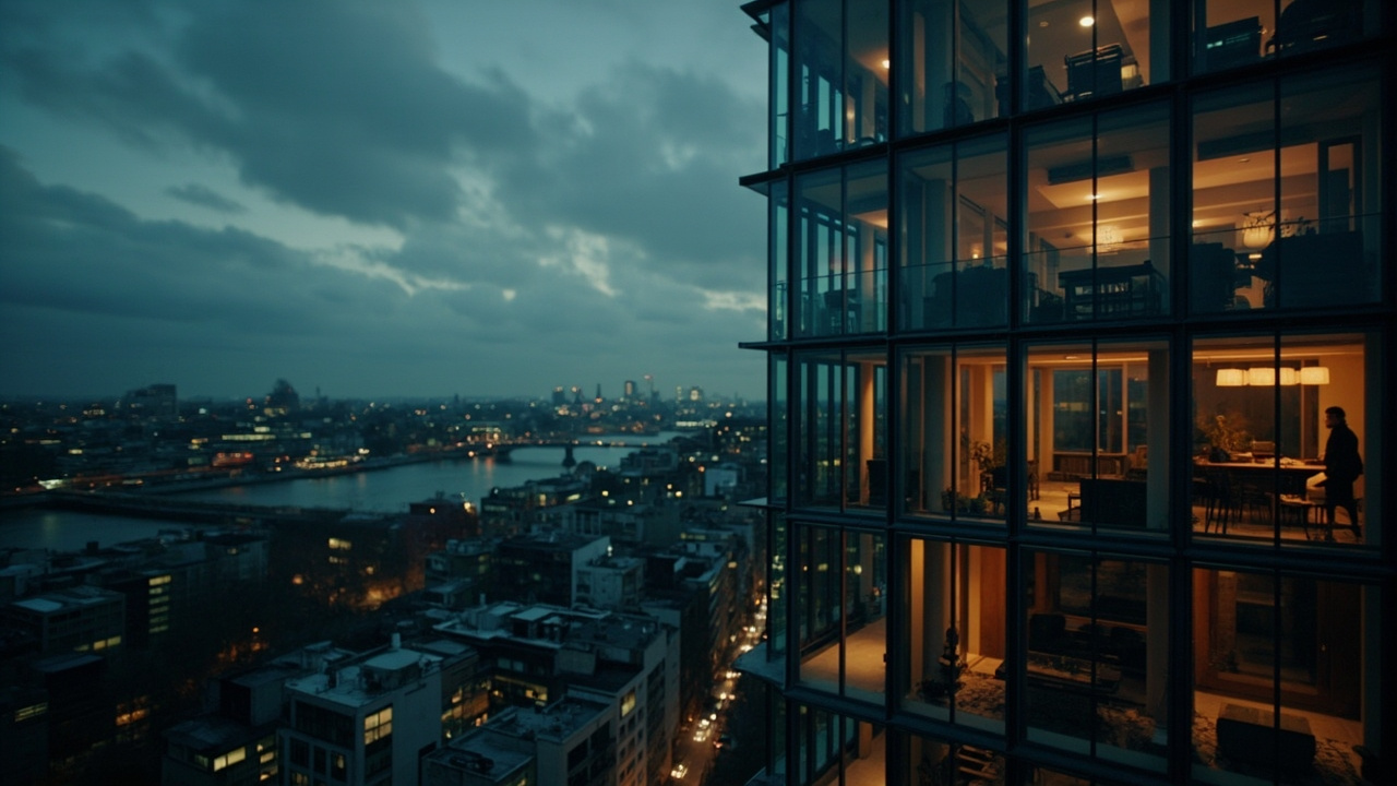 London luxury high-rise building at dusk, glass facade reflecting city lights
