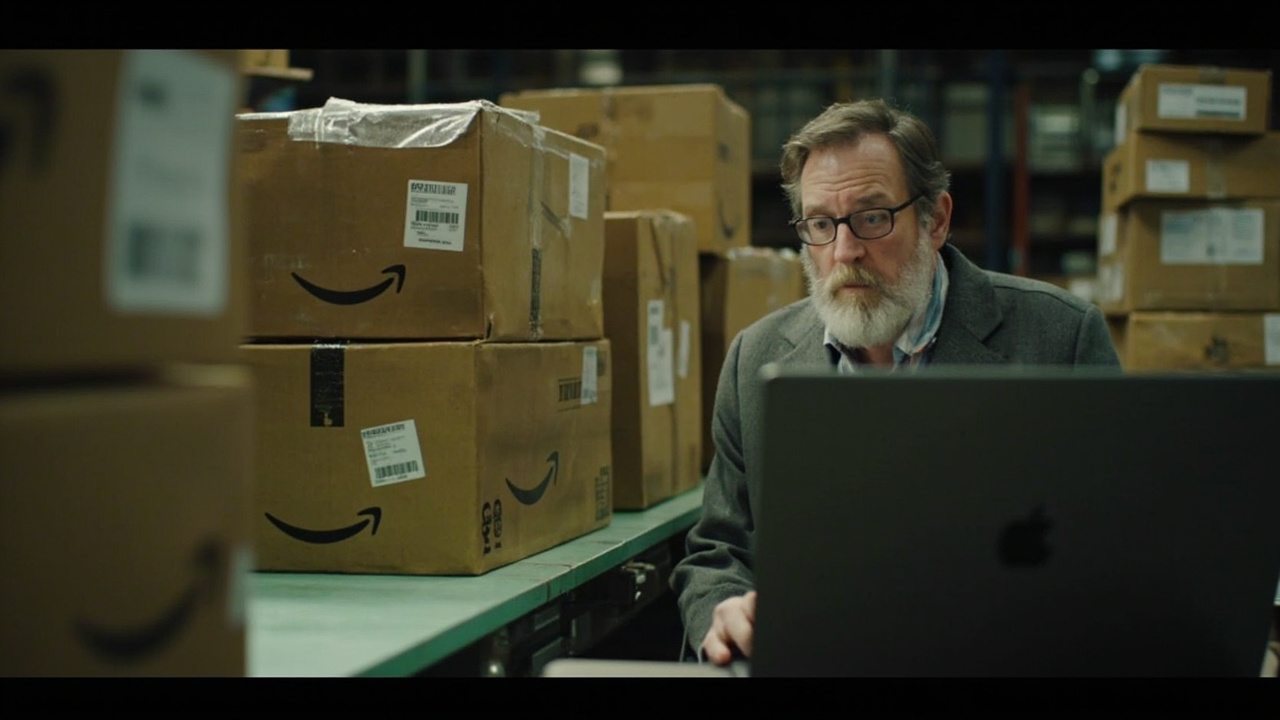 Amazon fulfillment center interior with rows of packages on conveyor belts, workers scanning items