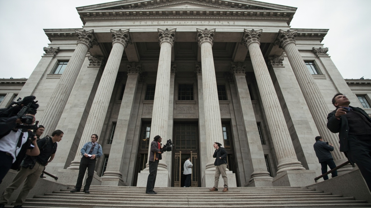 Exterior of the U.S. District Court for the Northern District of California in San Francisco, modernist facade with American flag, overcast sky