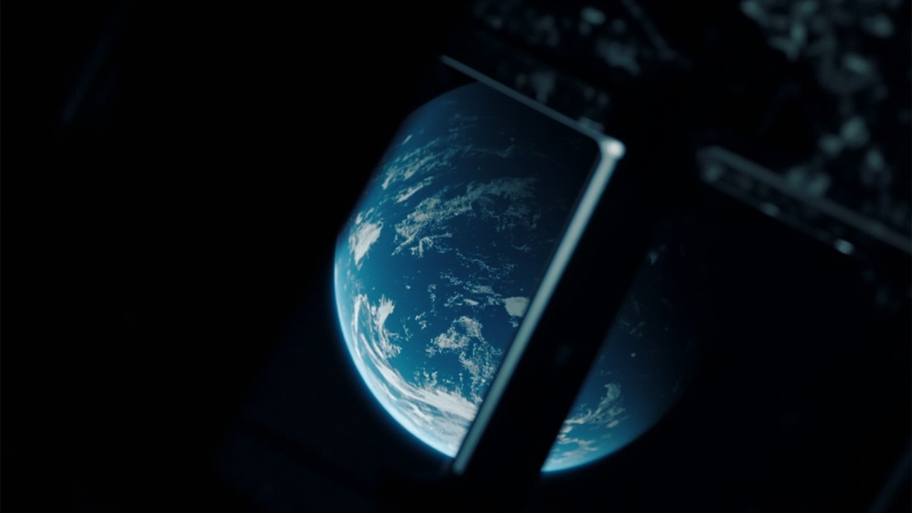 Earth as a bright blue marble photographed from the Orion spacecraft window in deep space