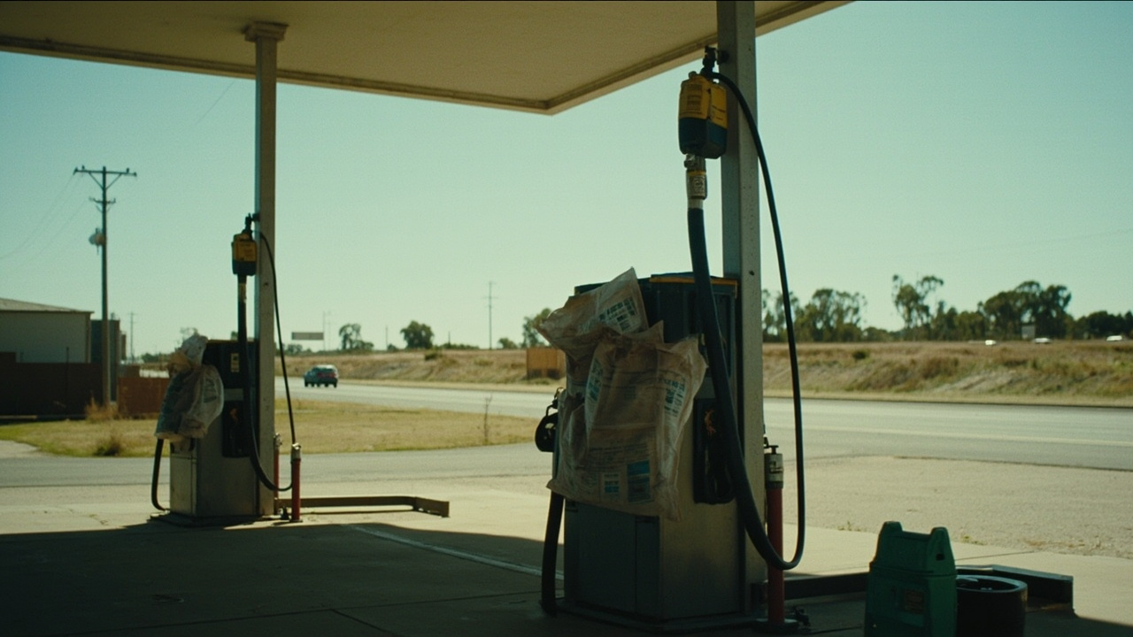 Australian service station with out-of-service bags on diesel pumps, rural highway visible behind