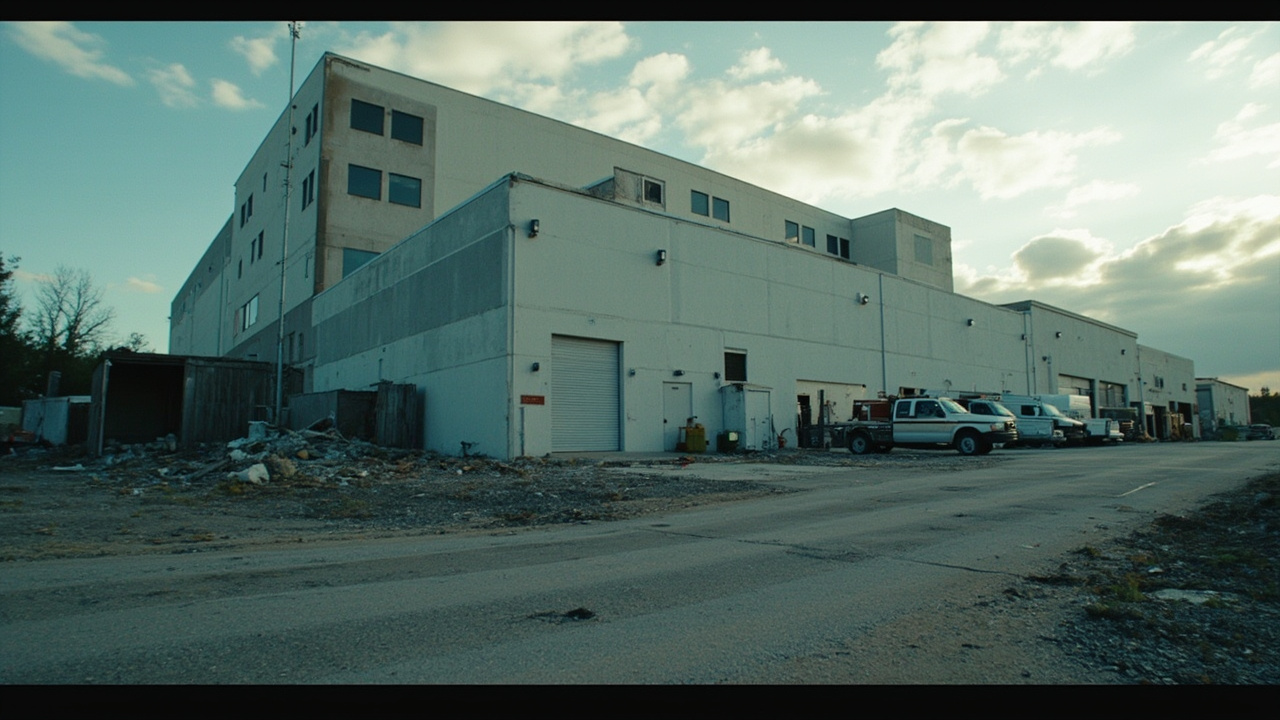 Industrial data center facility exterior with visible structural damage, emergency vehicles nearby