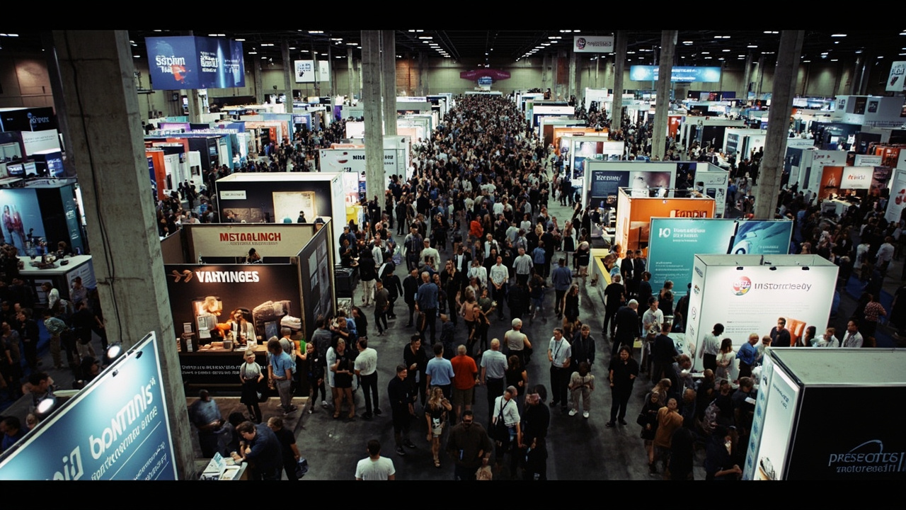 Conference expo floor with wellness technology booths and attendees