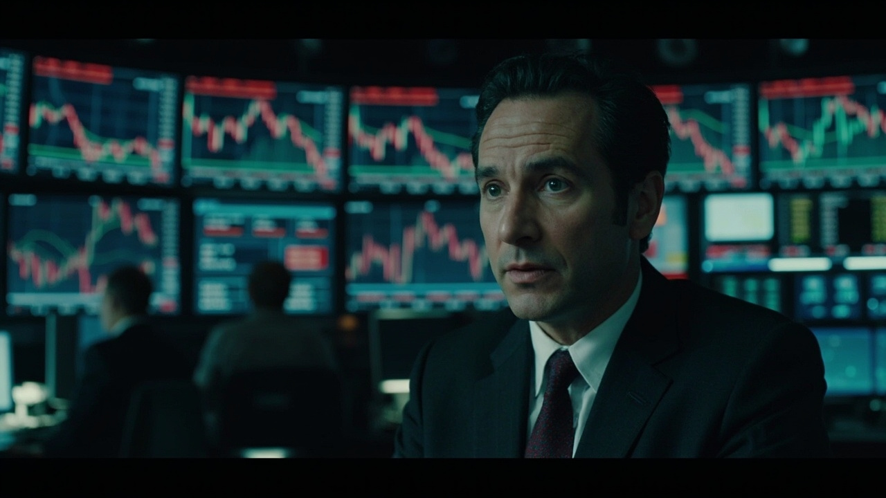 Trading floor monitors showing oil price charts with upward trend lines