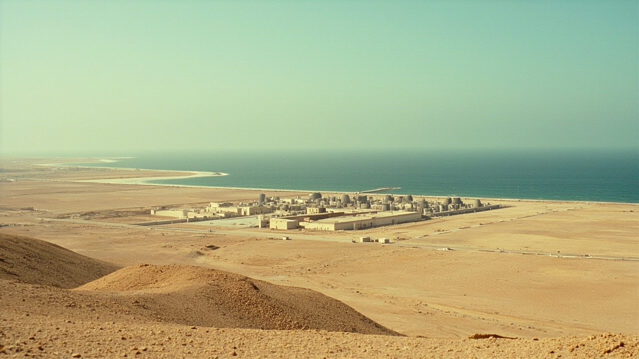 Aerial view of Bushehr nuclear power plant complex on the Persian Gulf coast with damage visible to a smaller structure near the perimeter fence