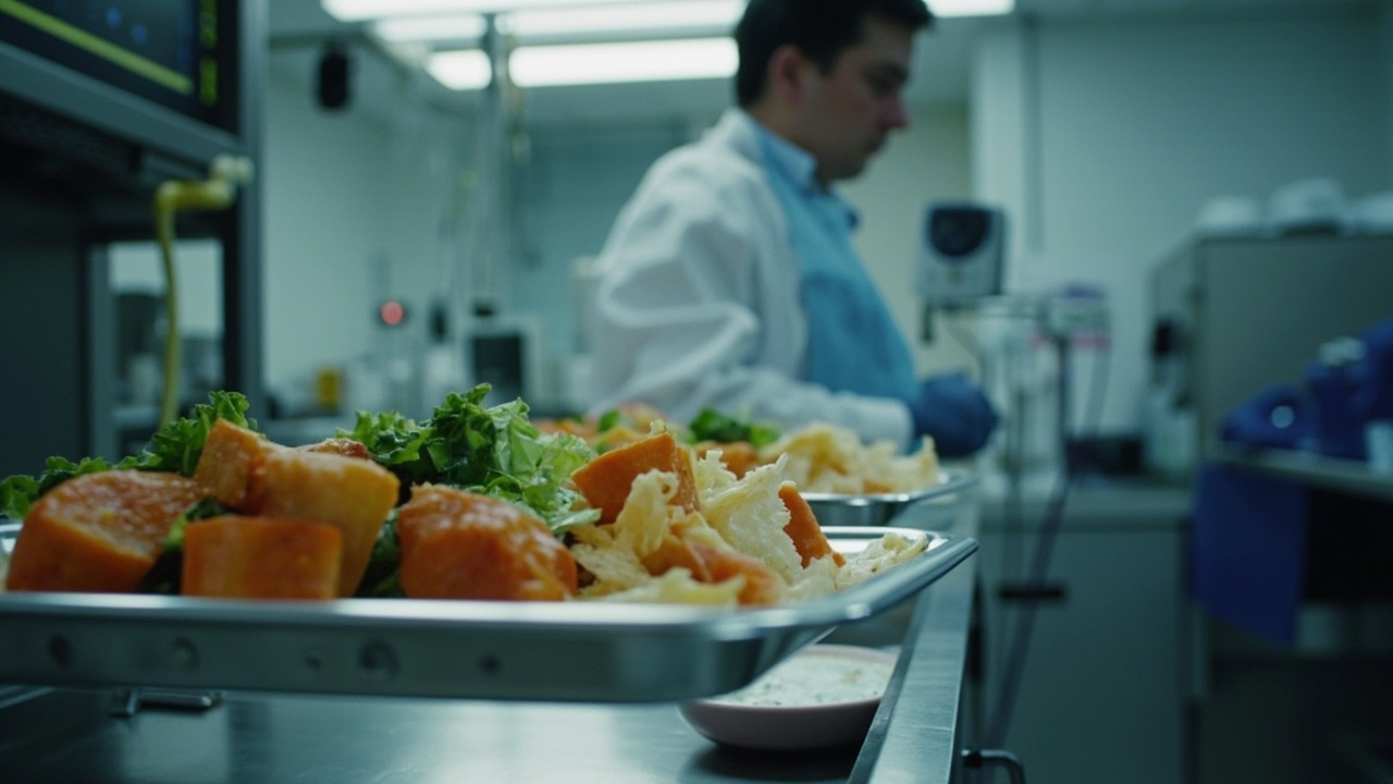 Clinical research kitchen with prepared healthy meals and medical monitoring equipment