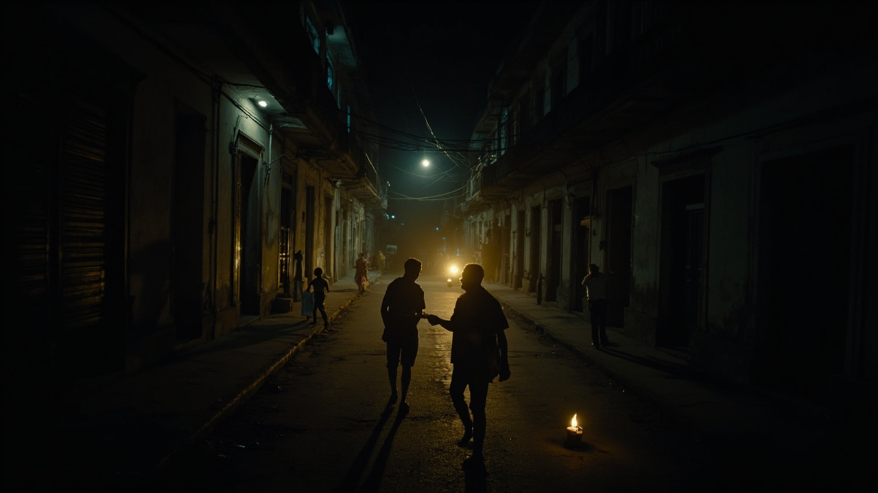 Havana street in early morning darkness, residents walking with flashlights
