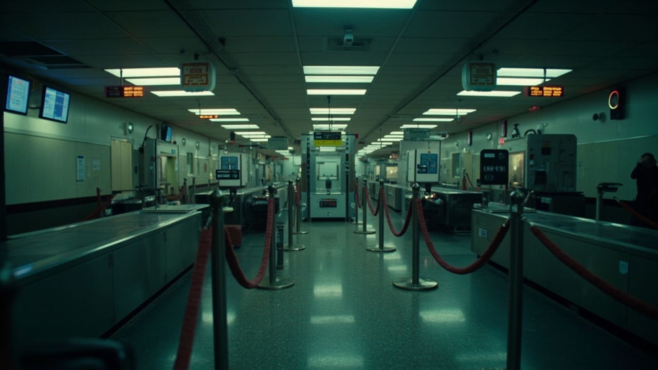 Empty TSA checkpoint at a major U.S. airport with stanchions and conveyor belts but no workers, overhead sign reading Security Screening, harsh fluorescent lighting