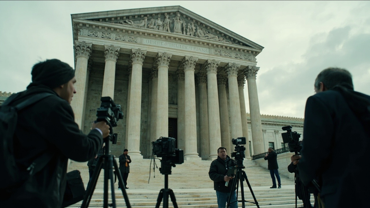 Federal courthouse steps with media cameras and reporters waiting outside