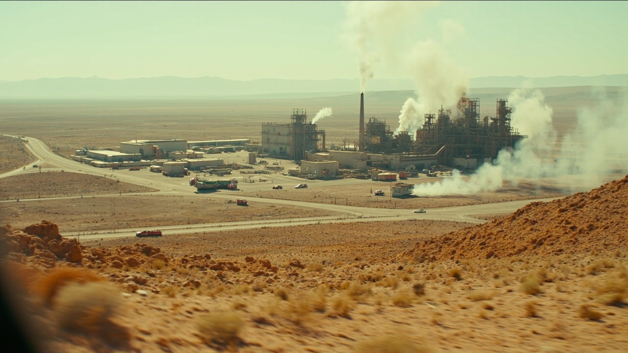 Gas processing facility with emergency vehicles and fire suppression equipment in desert setting