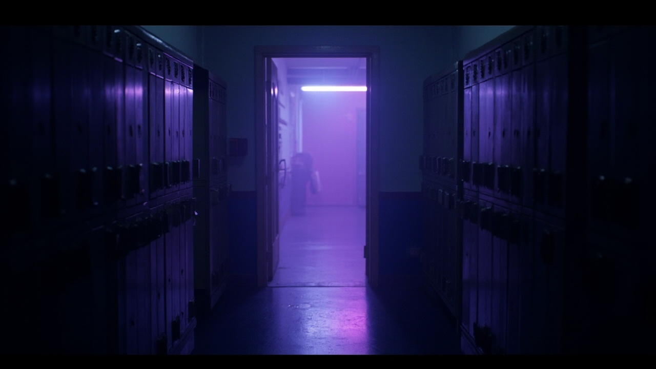 Neon-lit nightclub scene with purple and blue hues, young adults in dramatic lighting