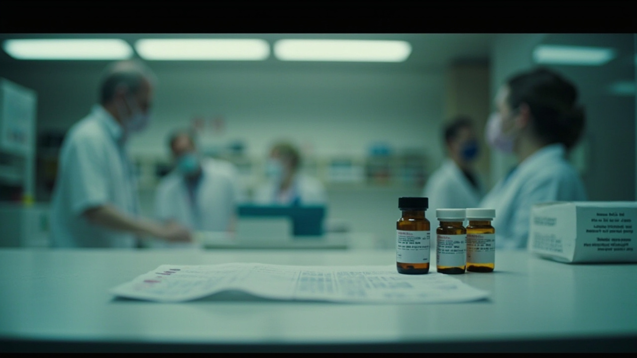 Pharmacy counter with medication vials and prescription pad