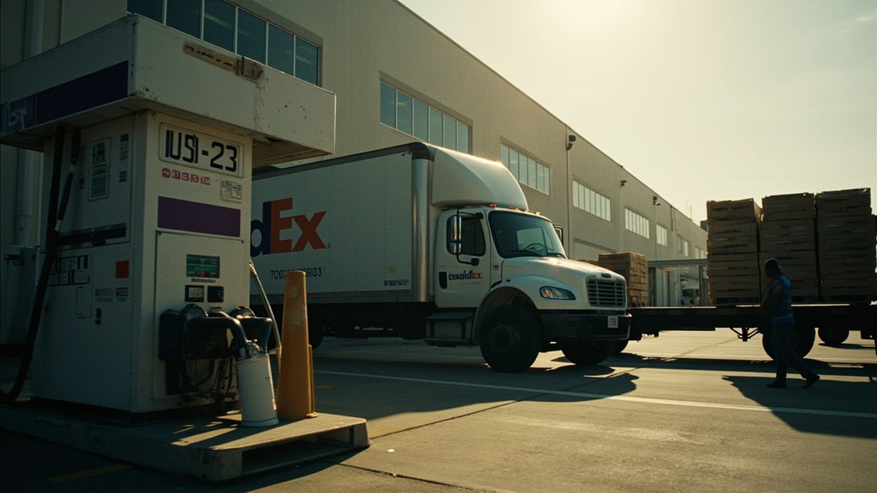 FedEx freight truck at loading dock, diesel pump price sign showing $5.46 per gallon visible in foreground