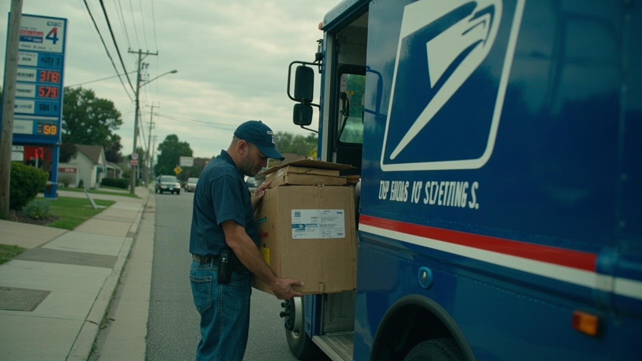 Row of blue USPS mailboxes on a suburban American street, gas station price sign showing $5.46 diesel visible in background