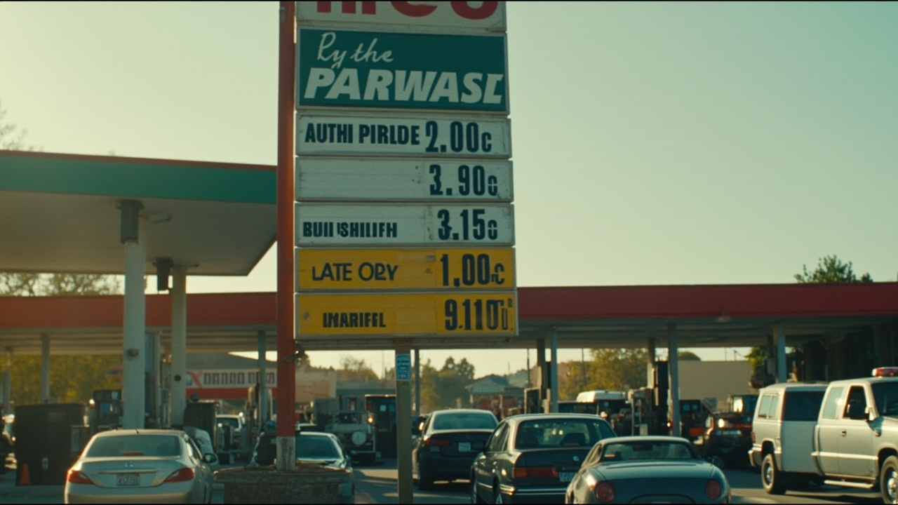 Gas station price sign showing above four dollars, cars lined up at pumps