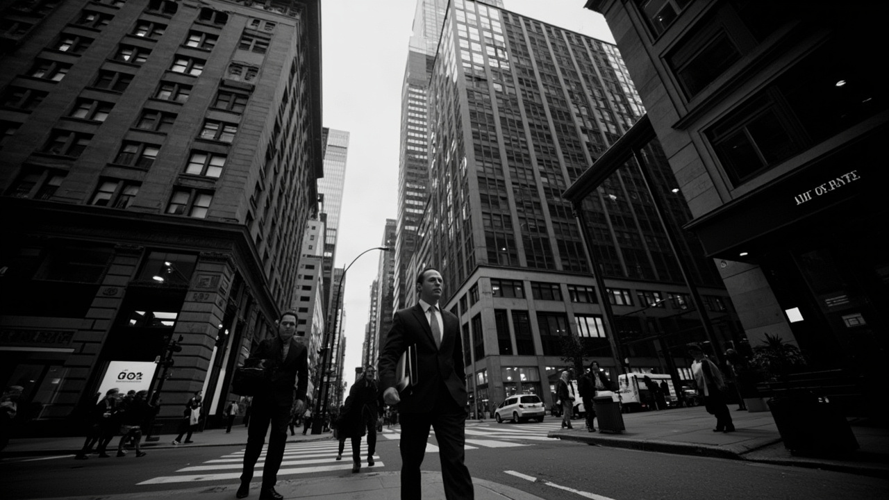 Wall Street buildings under overcast sky, pedestrians walking past financial district