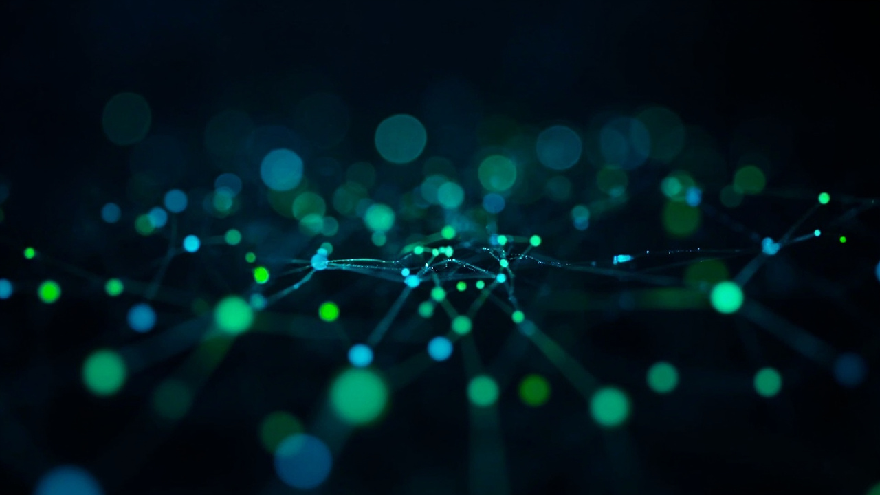 Abstract visualization of interconnected AI model nodes in blue and green tones