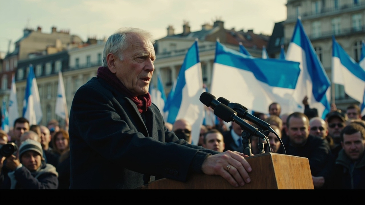 Peter Magyar at outdoor campaign rally, supporters holding Tisza flags, Budapest rooftops in background