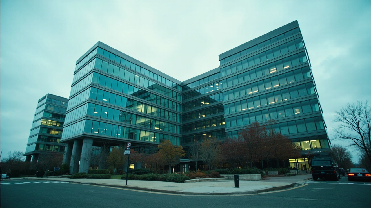 Intel corporate headquarters building exterior, overcast sky