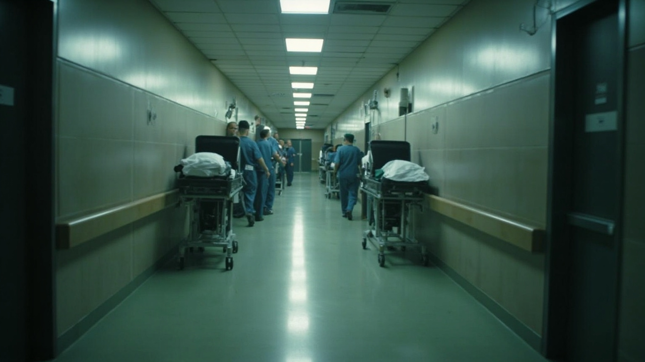 Hospital corridor with medical staff in scrubs rushing, fluorescent lighting, blurred motion