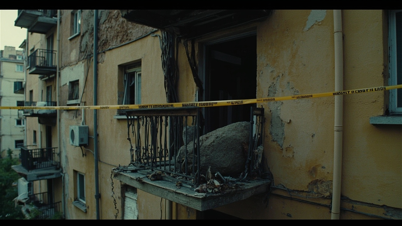 Shrapnel damage on residential apartment balcony in Tel Aviv with emergency tape visible and a small crater on the concrete floor
