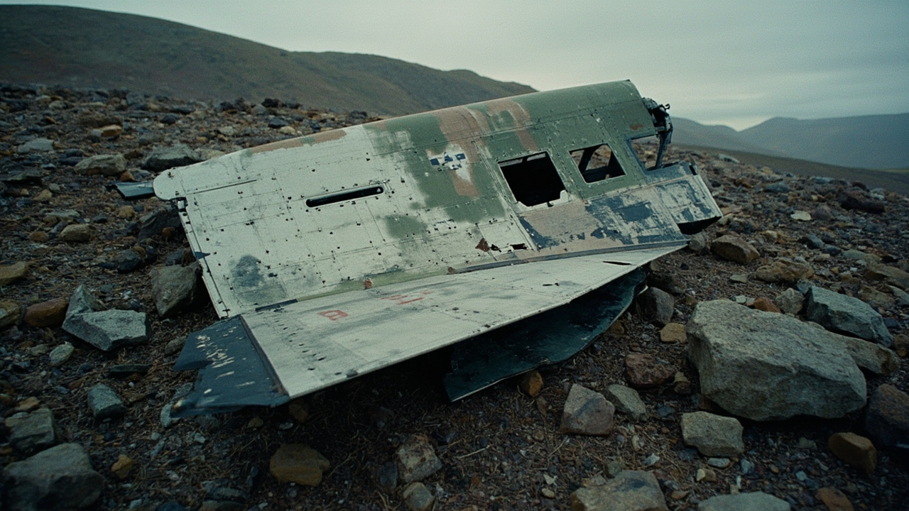 Close-up of aircraft vertical stabilizer wreckage showing faded red stripe marking on desert mountainous terrain