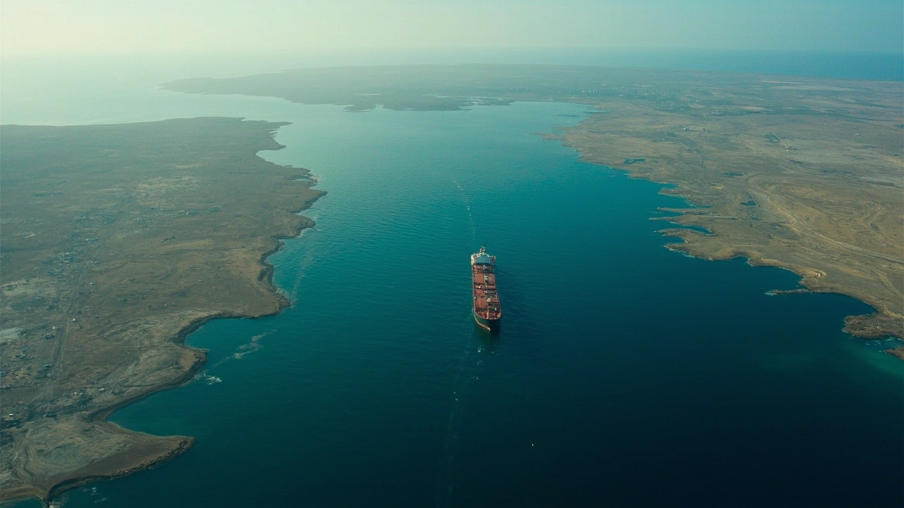 Aerial view of narrow strait waterway with a single oil tanker passing through