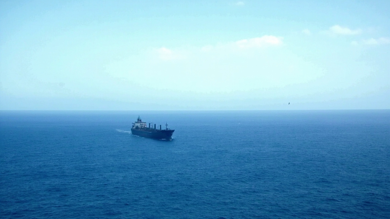 Oil tanker at sea, wide angle view showing empty horizon