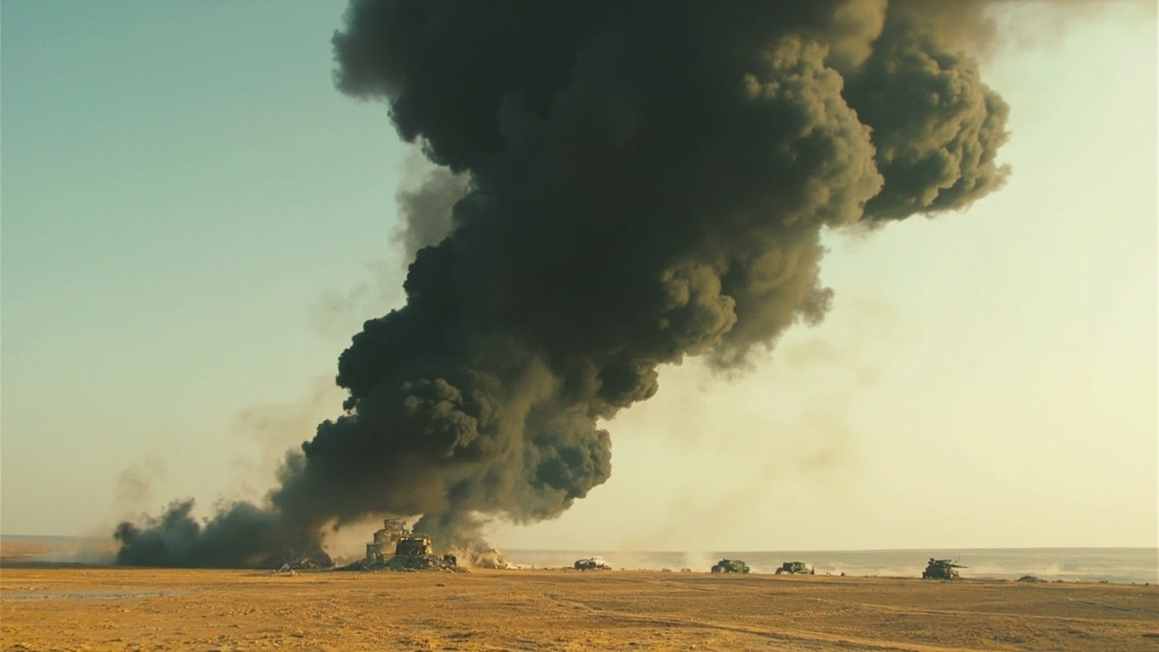 Smoke column rising from mountainous terrain in southwestern Iran where F-15E wreckage was photographed, emergency response vehicles on a dirt road