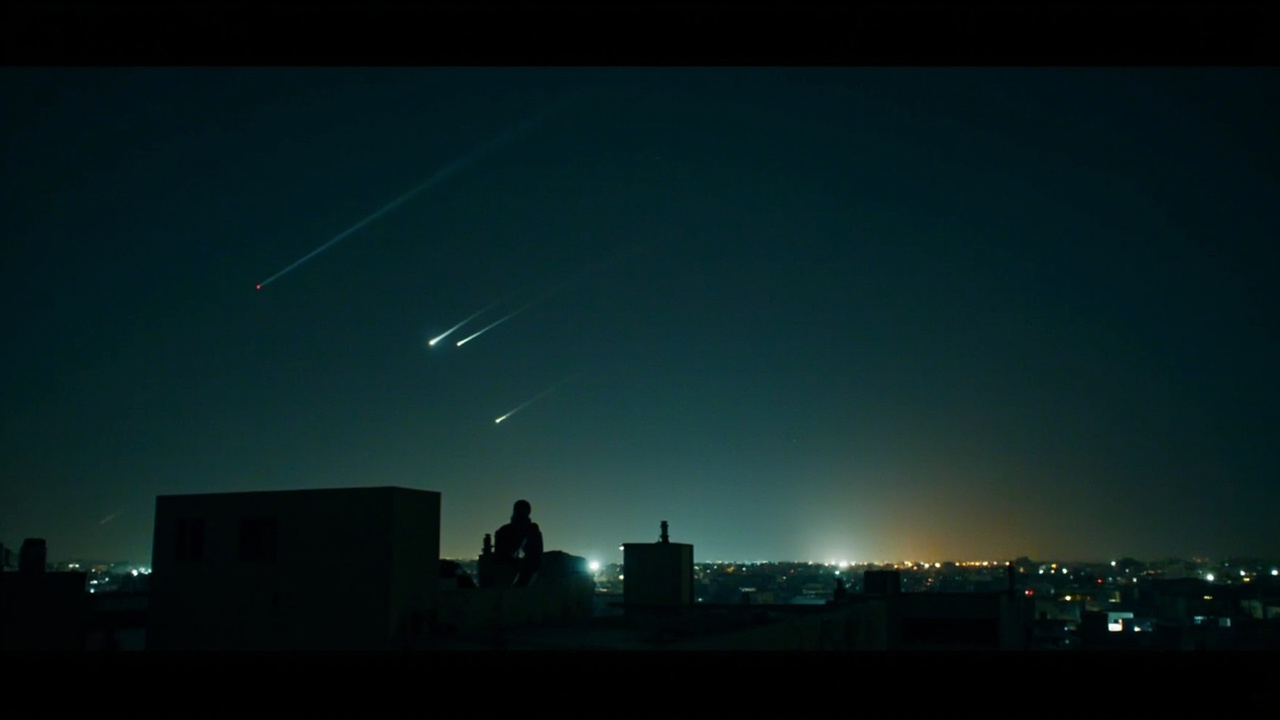 Night sky over a Middle Eastern city with interceptor trails and distant flashes visible above the urban skyline