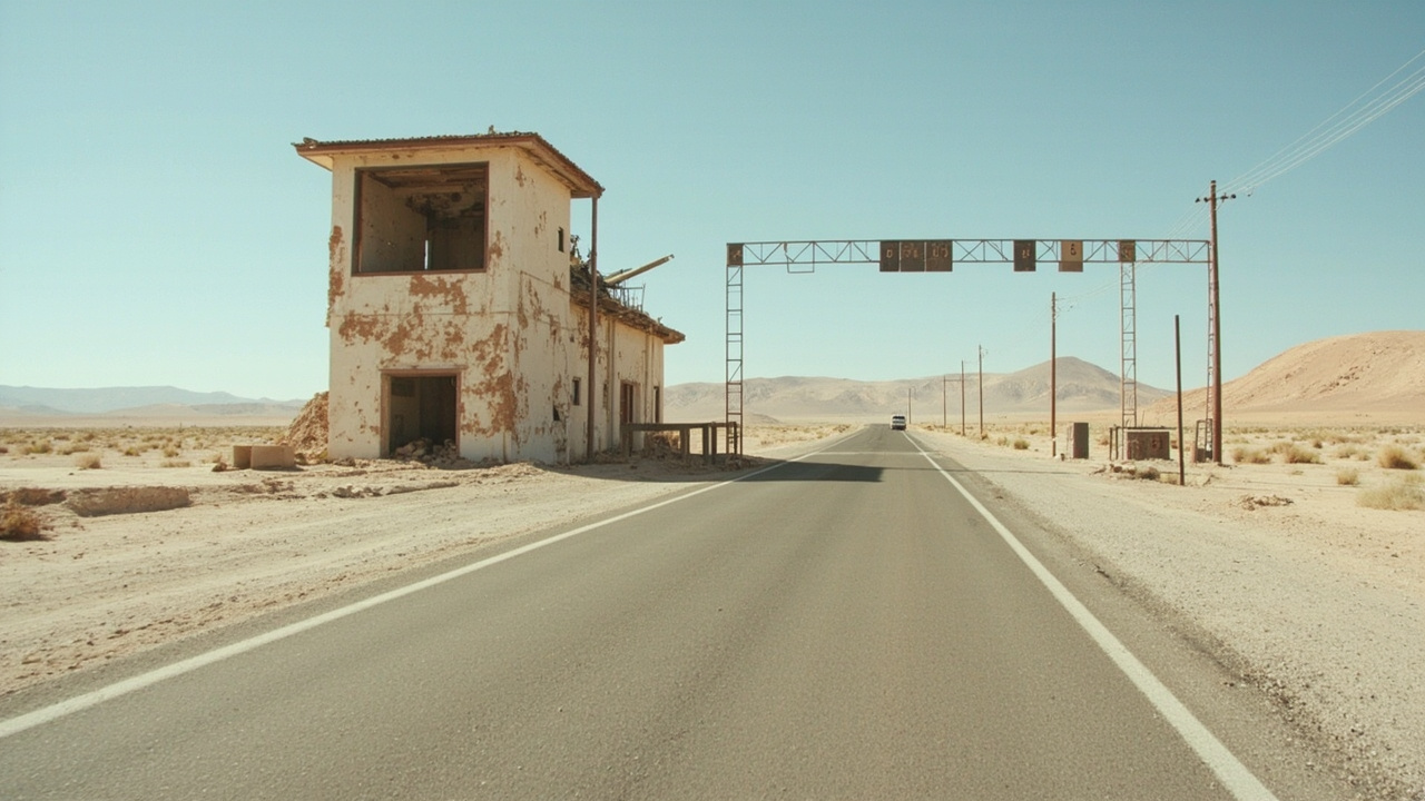 Deserted border crossing terminal building with blast damage visible on the facade, barriers lowered across the road, Iraqi flag visible