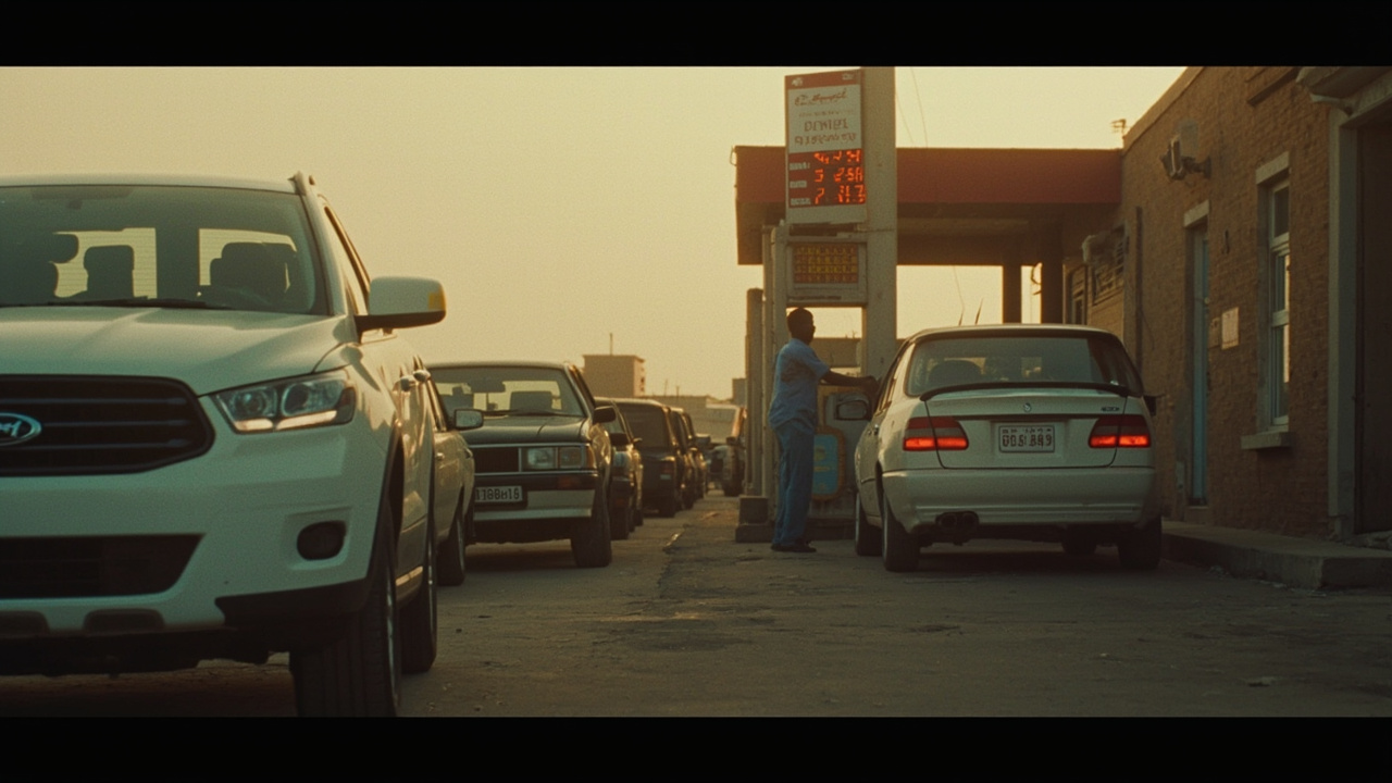 Kenyan fuel station with cars queuing, petrol price board showing elevated prices