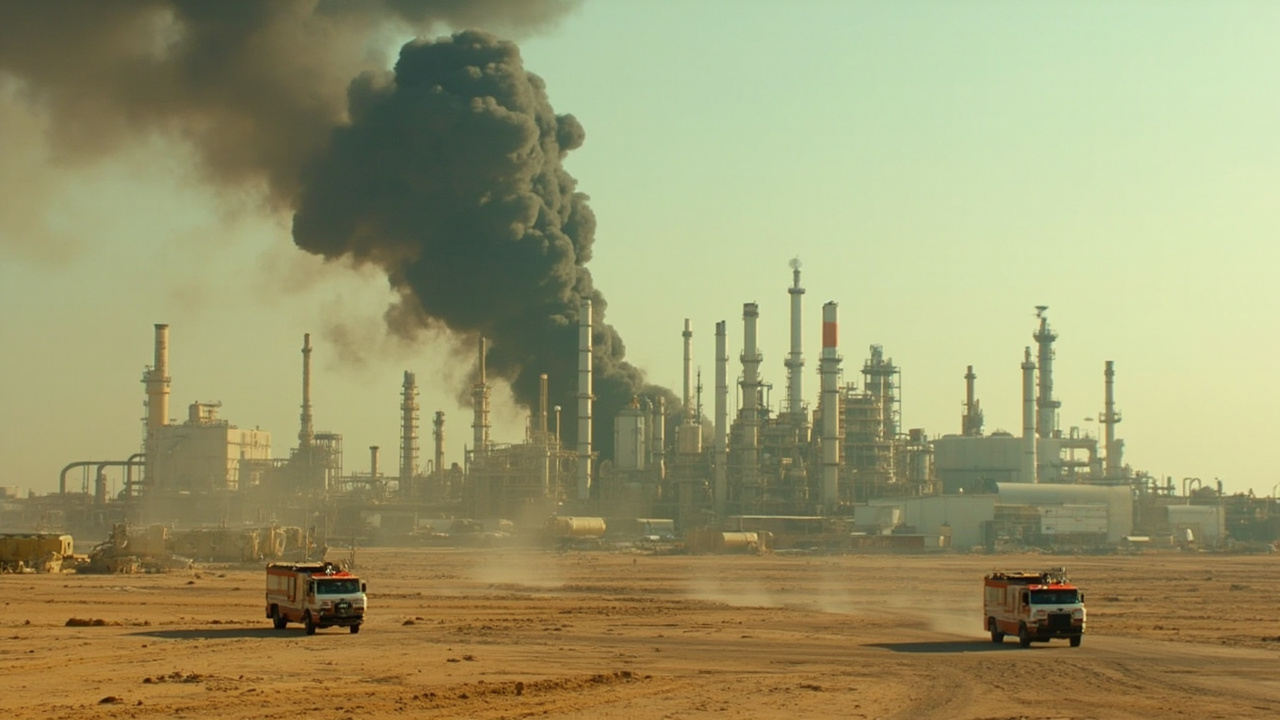 Oil refinery with smoke rising from damaged sections, emergency response visible