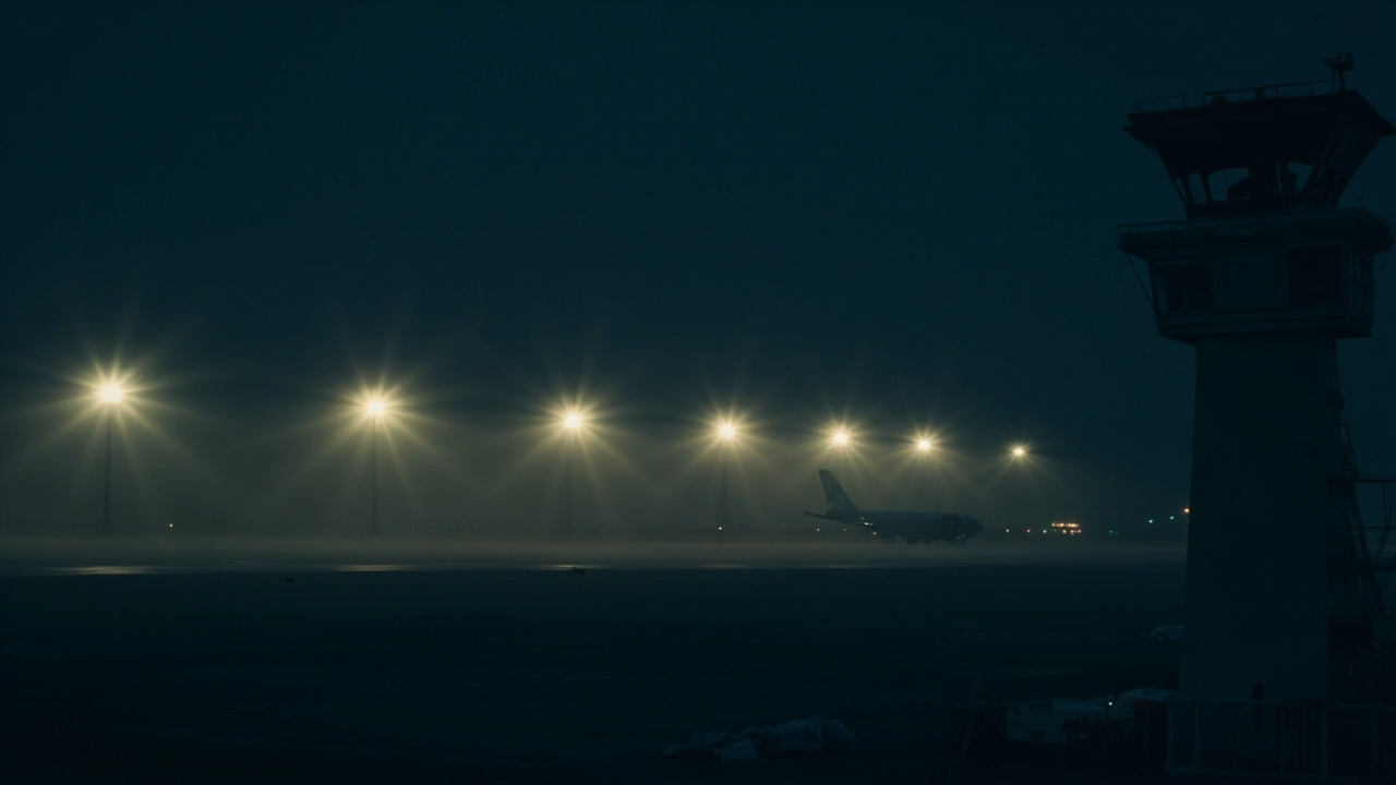 Airport control tower at night, runway lights stretching into distance
