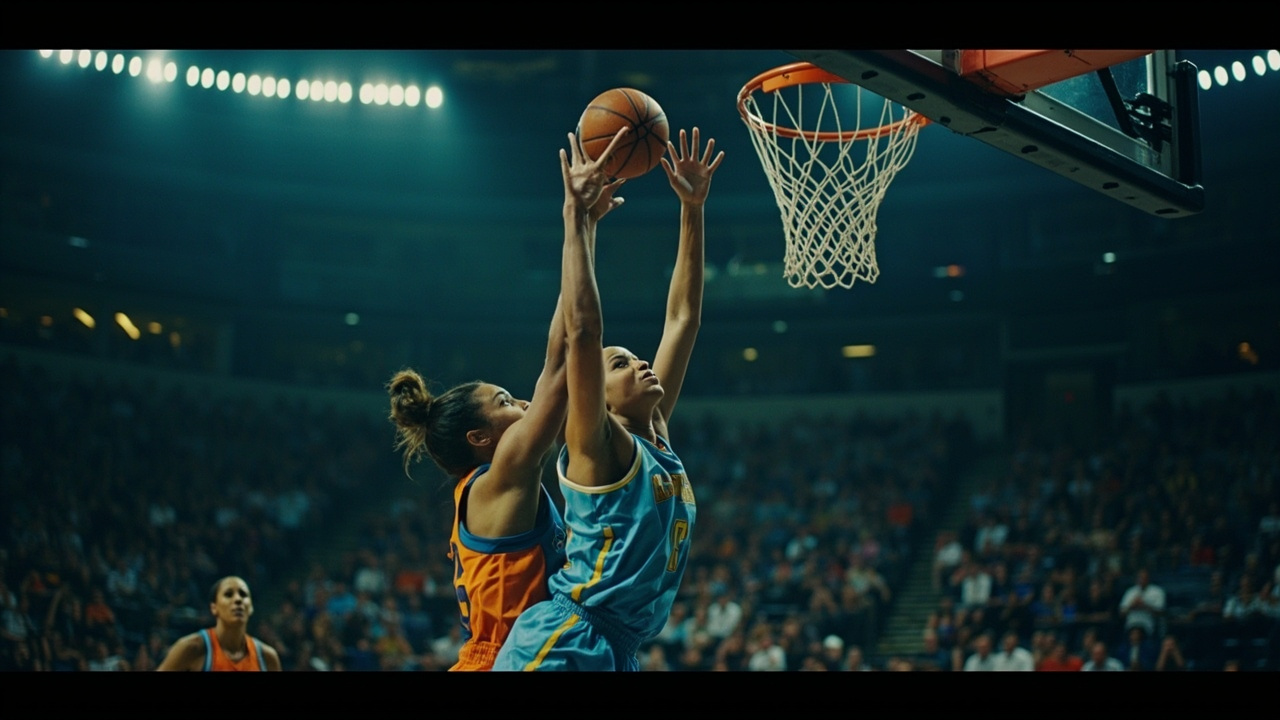Lauren Betts of UCLA blocking a layup attempt at the rim during the Final Four, defender's hand meeting the ball above the cylinder