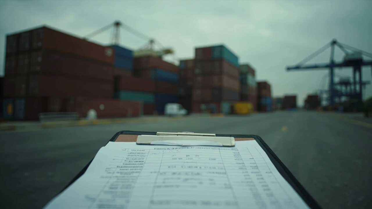 Shipping containers stacked at port, customs paperwork visible, overcast sky